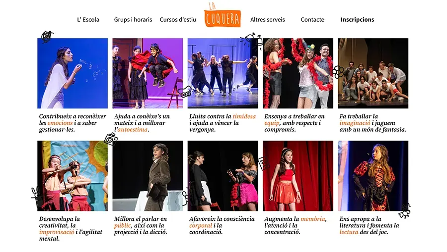 Sitio web de LaCuquera: portada con fotos clases de teatro.
